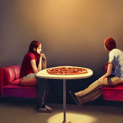 Prompt: two young friends sitting one in front another on couches, a small chair in between them with large pizza on the chair, they are eating pizza, room, fourniture, good colors, 8 k, detailed, by greg rutkowski, trending on artstation, best of artstation