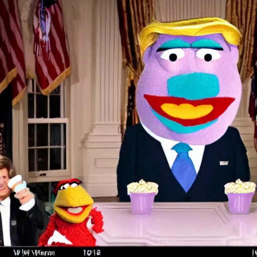 Prompt: muppet trump holding ice cream in the white house