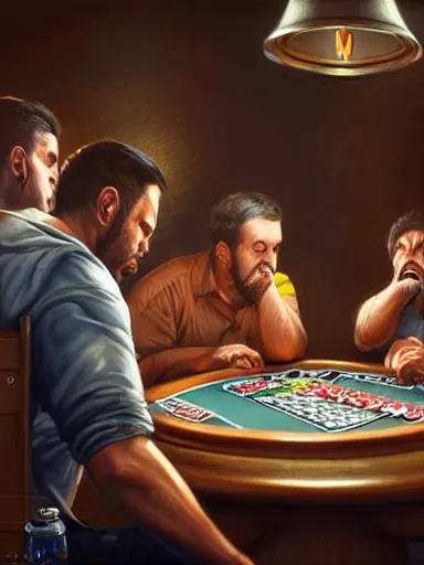 Prompt: guys yelling during a poker match. angry, intricate, elegant, highly detailed, digital painting, artstation, concept art, sharp focus, illustration, by justin gerard and artgerm, 8 k