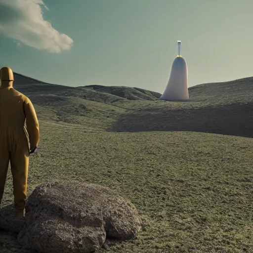 Image similar to a mannequin standing in a hill with a nuclear detonation in the background, 3 d render, octane, ray tracing, ultra detailed, photorealistic, ultra high resolution, 8 k, night time