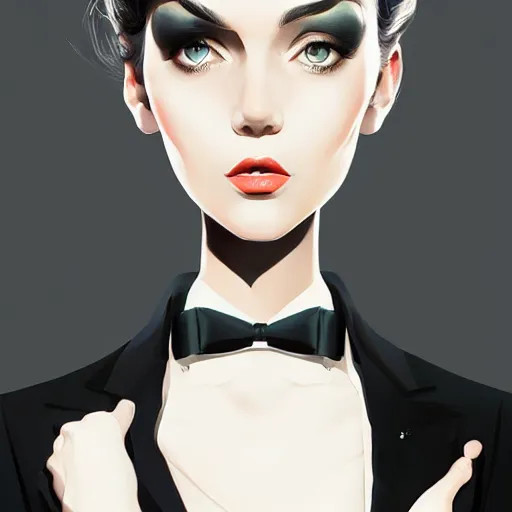 Image similar to slim girl in black tuxedo, corporate boss, luxury, 2d, ultra highly detailed, smooth, sharp focus, digital art, digital painting, fan art, elegant, artstation, by Ilya Kuvshinov