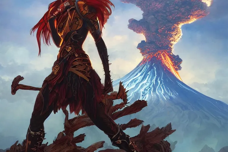 Image similar to An epic fantasy portrait painting of a spider-legged warrior woman with hair spikes, volcano eruption backdrop, illustration, detailed, award-winning, trending on artstation, by artgerm and Greg Rutkowski and Alphonse Mucha