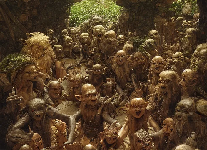 Prompt: jim henson's labyrinth. stone walls. a wrecking crew of five goblins. by edgar maxence and caravaggio and michael whelan and delacroix style, artistic, intricate painting, cinematic lighting, hyper realistic, extremely detailed, vivid colors, establishing shot, dramatic lighting