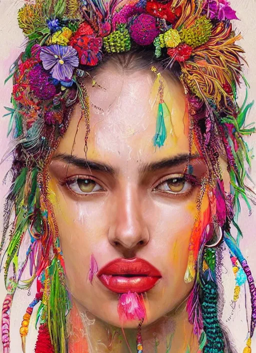 Image similar to beautiful portrait of Irina Shayk wearing fantastic Hand-dyed cotton dress, embellished beaded feather decorative fringe knots ,colorful pigtail,subtropical flowers and plants,symmetrical face,intricate,elegant, highly detailed, 8k,post-processing,digital painting, trending on pinterest, arper's bazaar,concept art, sharp focus, illustration, by artgerm,Tom Bagshaw,Lawrence Alma-Tadema,greg rutkowski,alphonse Mucha