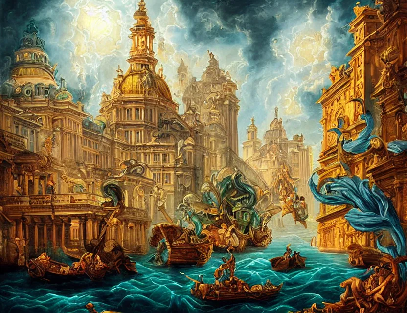 Image similar to ocean spirit lost in a metropolis. this rococo and art noveau painting by the award - winning artist has dramatic lighting, an interesting color scheme.