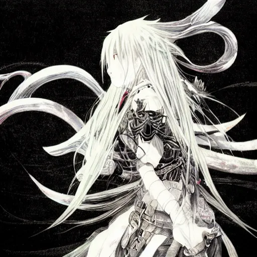 Image similar to Yoshitaka Amano blurred and dreamy illustration of an anime girl with a pirate eye patch, wavy white hair and cracks on her face wearing elden ring armour with the cape fluttering in the wind, abstract black and white patterns on the background, noisy film grain effect, highly detailed, Renaissance oil painting, weird portrait angle