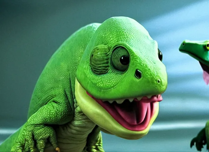 Image similar to film still of yoshi in the new sci - fi movie, cute upright dinosaur with a small turtle shell and long tongue, 8 k