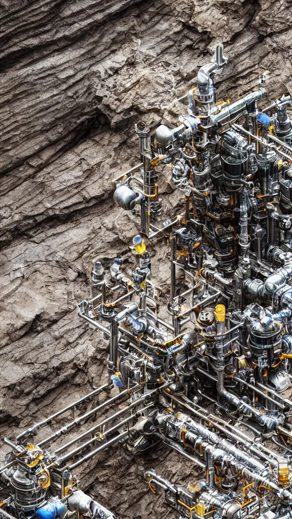 Image similar to ultra realistic macro photography of the giant psychedelic magical machine embedded within the mountain, sedimentary rock and marble, industrial machinery, pistons, pipes and valves, super conducters, reactor circuits. 8k Isometric geology photography