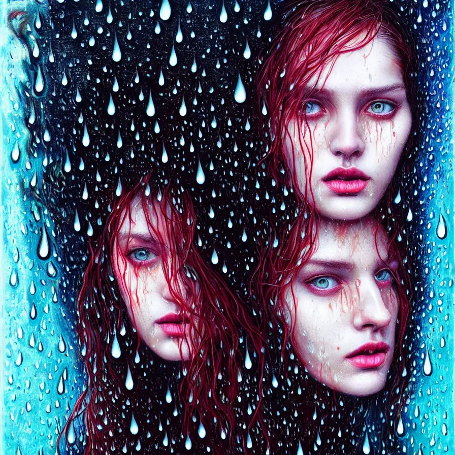 Image similar to bright asthetic portrait of LSD in rain with wet hair and one face, liquid, fantasy, intricate, elegant, dramatic lighting, highly detailed, lifelike, photorealistic, digital painting, artstation, illustration, concept art, smooth, sharp focus, art by John Collier and Albert Aublet and Krenz Cushart and Artem Demura and Alphonse Mucha