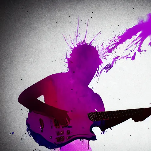 Prompt: dripping purple faded paint across the shape of a male human playing guitar, realistic, high detail, on a white damage background