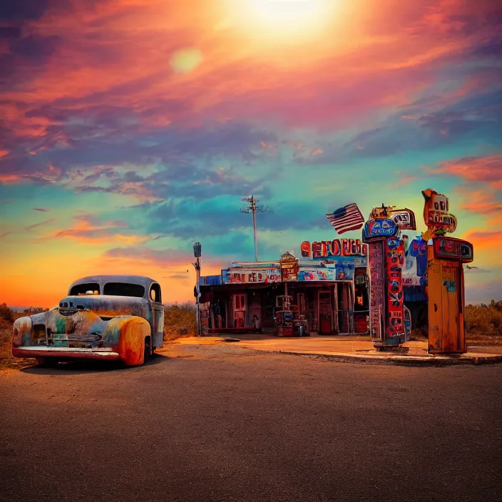 Image similar to a sunset light landscape with historical route 6 6, lots of sparkling details and sun ray ’ s, blinding backlight, smoke, volumetric lighting, colorful, octane, 3 5 mm, abandoned gas station, old rusty pickup - truck, beautiful epic colored reflections, very colorful heavenly, softlight