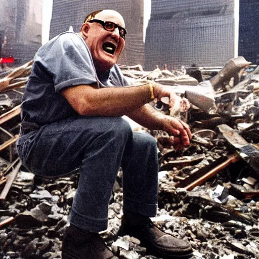 Prompt: a closeup a very drunk evil Rudy Giuliani squatting smiling wearing black thog underwaer while covering himself with rubble sensully on top of the world trade center rubble pile in new york