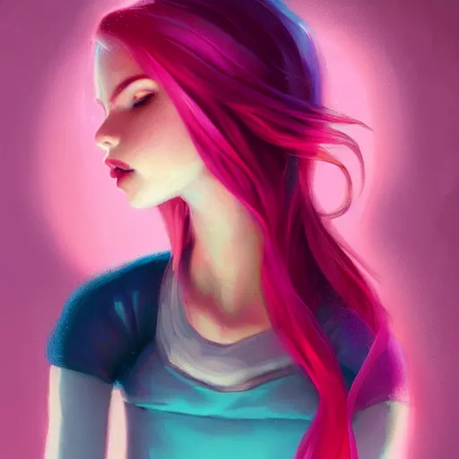 Image similar to colorful and festive captivating teenager girl with pink hair, cyan top crop, black skirt, black leggings, cute look. rich vivid colors, ambient lighting, dynamic lighting, 4 k, atmospheric lighting, painted, intricate, highly detailed by charlie bowater