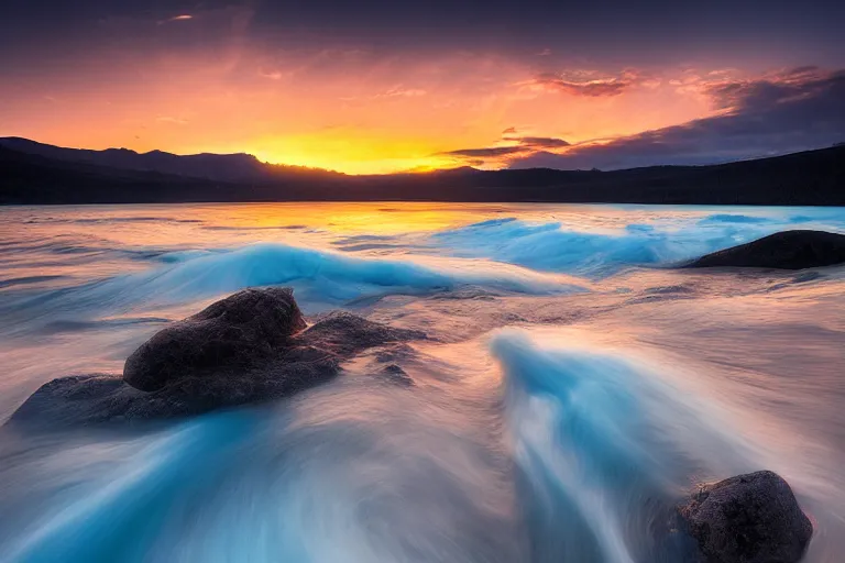 Image similar to landscape photography by marc adamus, waves in the shore, sunset, lake