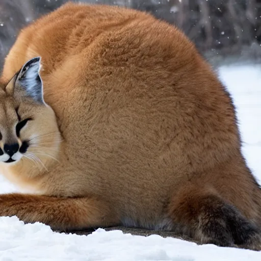 Image similar to fullbody photo still of sleepy fat chubby caracal, lying sleeping on snowy ice, big stomach, fullbody, sunny winter day