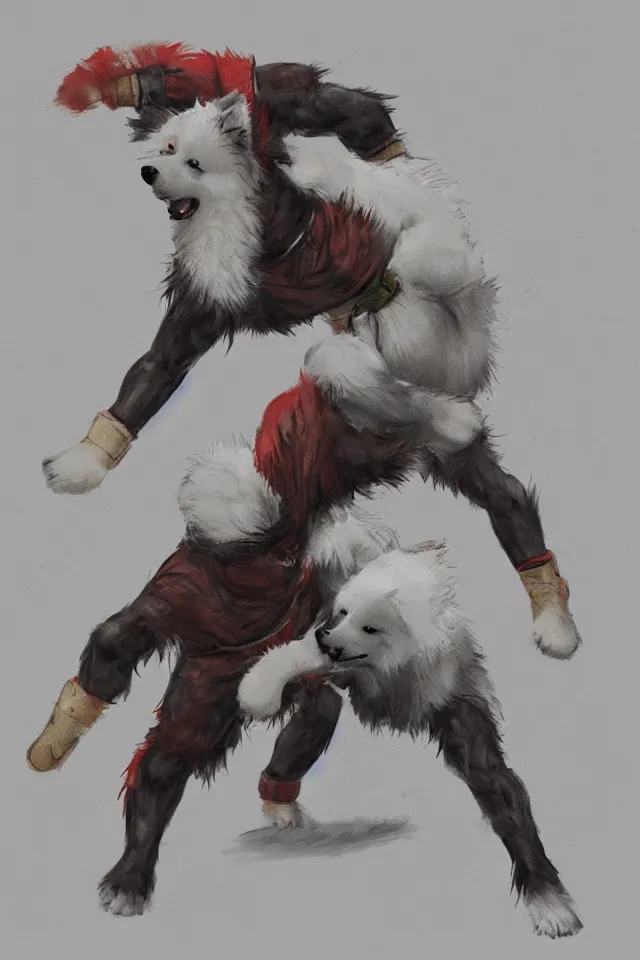 Image similar to samoyed dog as a kickboxing fighter doing Wai Kru Ram Muay, concept art