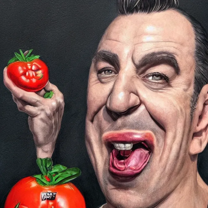 Image similar to portrait of till Lindemann. Caricature artwork. trending on artstation, very coherent symmetrical artwork. He's eating a tomato. He cosplays thanos. cinematic, hyper realism, high detail, newspaper illustration, iridescent accents