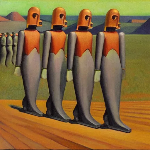 Image similar to robot druids in a grand processional, grant wood, pj crook, edward hopper, oil on canvas