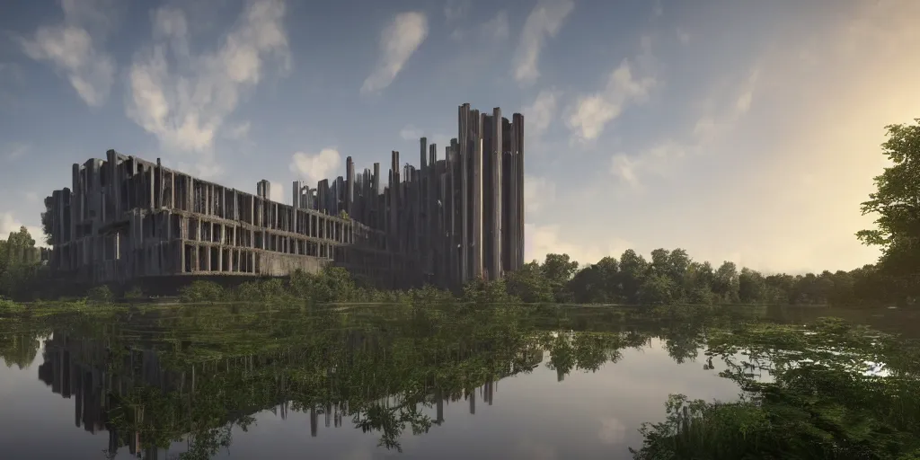 Image similar to an extremely detailed cathedral of brutalist architecture, surrounded by lush green forest, accurate reflections in surrounding ponds of water, stunning volumetric lighting, sunset, rusted steel, smooth concrete, stunning skies, trending on Artstation, 8k, photorealistic, hyper detailed, unreal engine 5, IMAX quality, cinematic, epic lighting, in the style of Greg Rutkowski