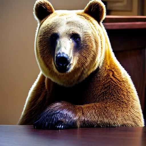 Image similar to bored bear, head leaning on paw with elbow on table