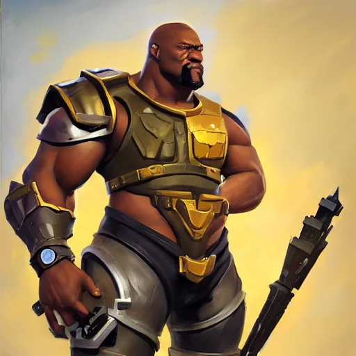 Image similar to greg manchess portrait painting of fully armored the foundation aka dwayne the rock from fortnite as overwatch character, medium shot, asymmetrical, profile picture, organic painting, sunny day, matte painting, bold shapes, hard edges, street art, trending on artstation, by huang guangjian, gil elvgren, ruan jia, greg rutkowski, gaston bussiere