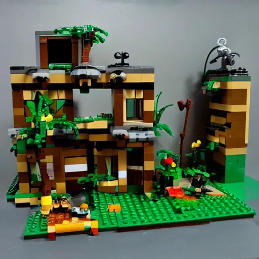 Image similar to abandoned, overgrown, underground bunker. jungle room. lego set