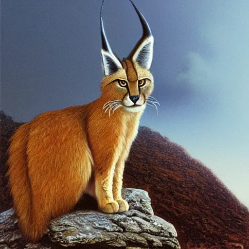 Prompt: a cute fluffy caracal on a high hill landscape with a circle of four large stones like fingers on the top, by ted nasmith