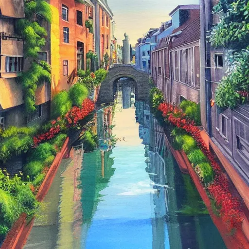 Image similar to Narrow cosy waterway in city of the future in harmony with nature. Nice colour scheme, soft warm colour. Beautiful detailed painting by Lurid. (2022)