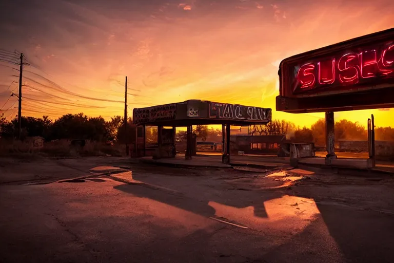 Image similar to a sunset light landscape with historical route 6 6, lots of sparkling details and sun ray ’ s, blinding backlight, smoke, volumetric lighting, colorful, octane, 3 5 mm, abandoned gas station, old rusty pickup - truck, beautiful epic colored reflections, very colorful heavenly, softlight