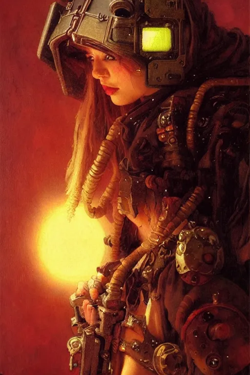 Image similar to full character portrait max mad cyberpunk warhammer 4 0 k, barbarian tech priest supersoldier not the girl with the pearl earring character design, painting by gaston bussiere, katsuya terada, nc wyeth, greg rutkowski, craig mullins, vermeer, frank frazetta, mucha, tom of finland, trending on artstation, jeffery catherine jones