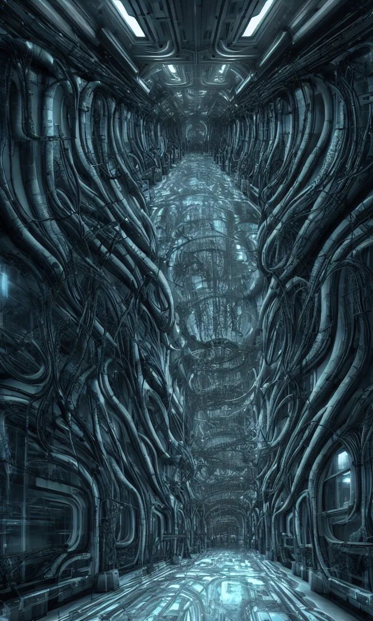 Image similar to sci-fi Prometheus biological corridor, biologic HR Giger style, Alien, Wide angle, featured in artstation, octane render, cinematic, elegant, intricate, 8k