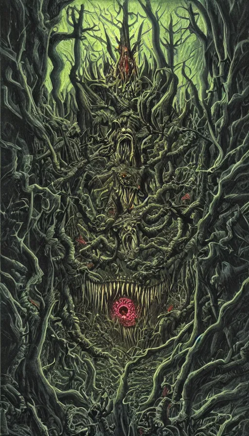 Prompt: a storm vortex made of many demonic eyes and teeth over a forest, by greg hildebrandt