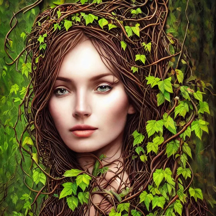 Prompt: nature goddess, beautiful portrait, entwined in vines and nature, forest theme, dark forest, light shining through, hyper - realistic, extremely detailed