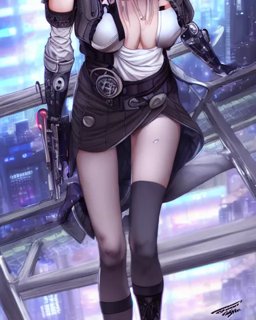 Prompt: The successful warrior is the average man, with laser-like focus, artwork by artgerm, anime style art, art by Masamune Shirow, cyberpunk streets in Japan, elegant, seductive, long white hair, knee high socks, extra short blue plaid skirt, white blouse, army boots, high fantasy, CGsociety, full length, exquisite detail, post-processing, low angle, masterpiece, mystical, magical