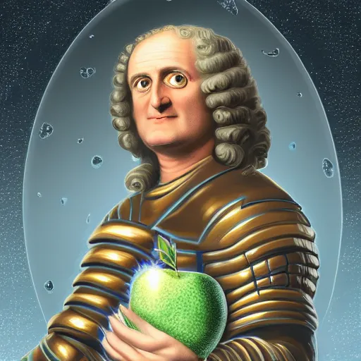 Image similar to An extremely detailed portrait of Isaac Newton in futuristic power armor holding an apple, in the style of Magic the Gathering, 4k, mirror lake, highly detailed, trending on artstation, retro science fiction