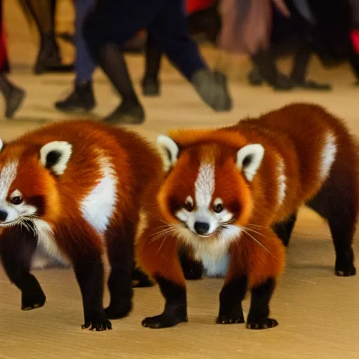 Prompt: huge number of red pandas! dancing at a party