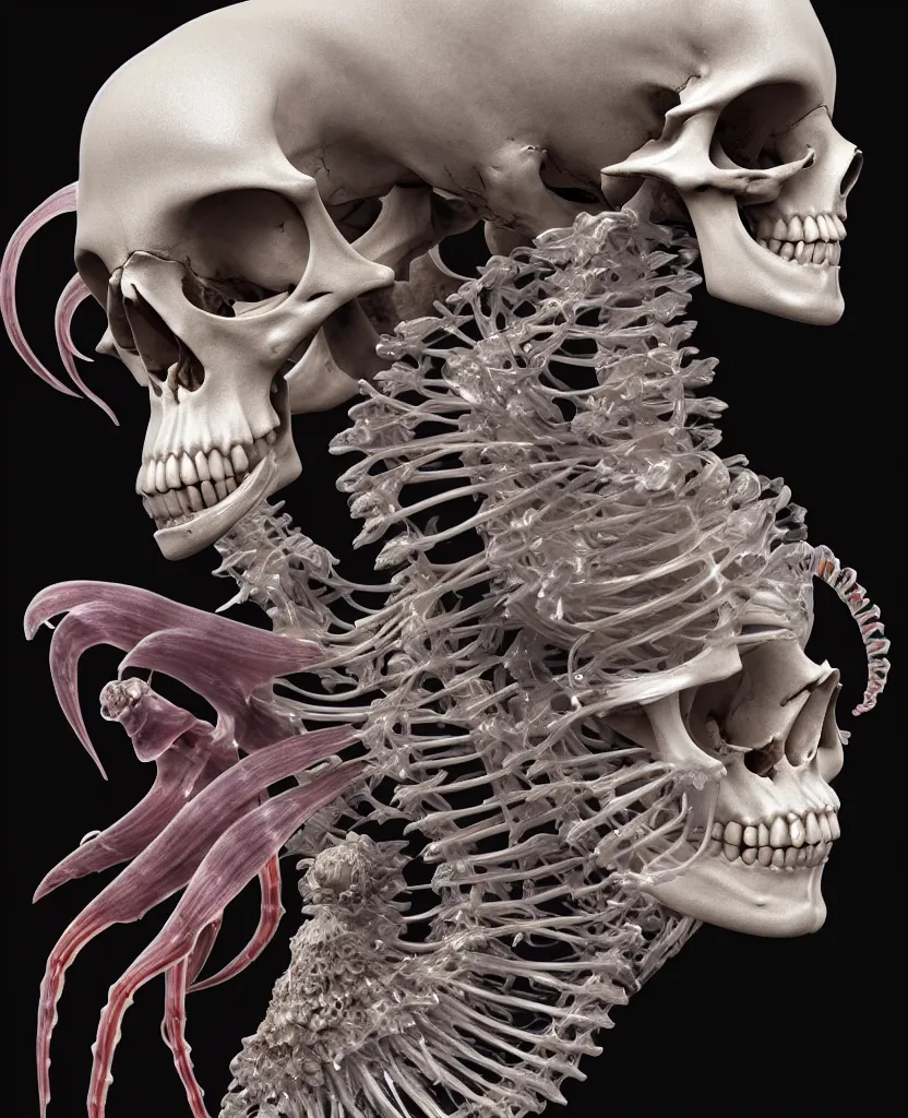 Image similar to goddess close-up portrait human skeleton, ram skull, skeleton, thorax, x-ray, backbone, jellyfish phoenix head, nautilus, orchid, skull, betta fish, bioluminiscent creatures, intricate artwork by Tooth Wu and wlop and beeple. octane render, trending on artstation, greg rutkowski very coherent symmetrical artwork. cinematic, hyper realism, high detail, octane render, 8k