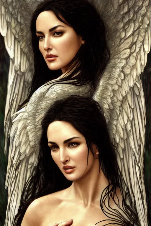 Image similar to monica bellucci as an angel, anatomy, cute, fantasy, intricate, elegant, highly detailed, digital painting, 4 k, hdr, concept art, smooth, sharp focus, illustration, art by artgerm and h r giger and alphonse mucha