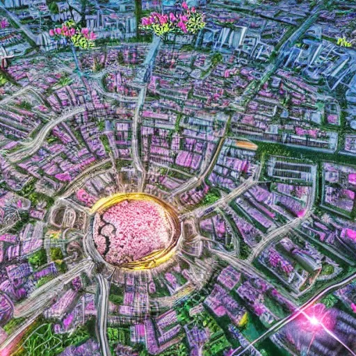 Prompt: A beautiful post-apocalyptic city with an enormous cherry tree blossoming in the middle, aerial view, biopunk, realistic, digital art, lens flare, sharp focus,