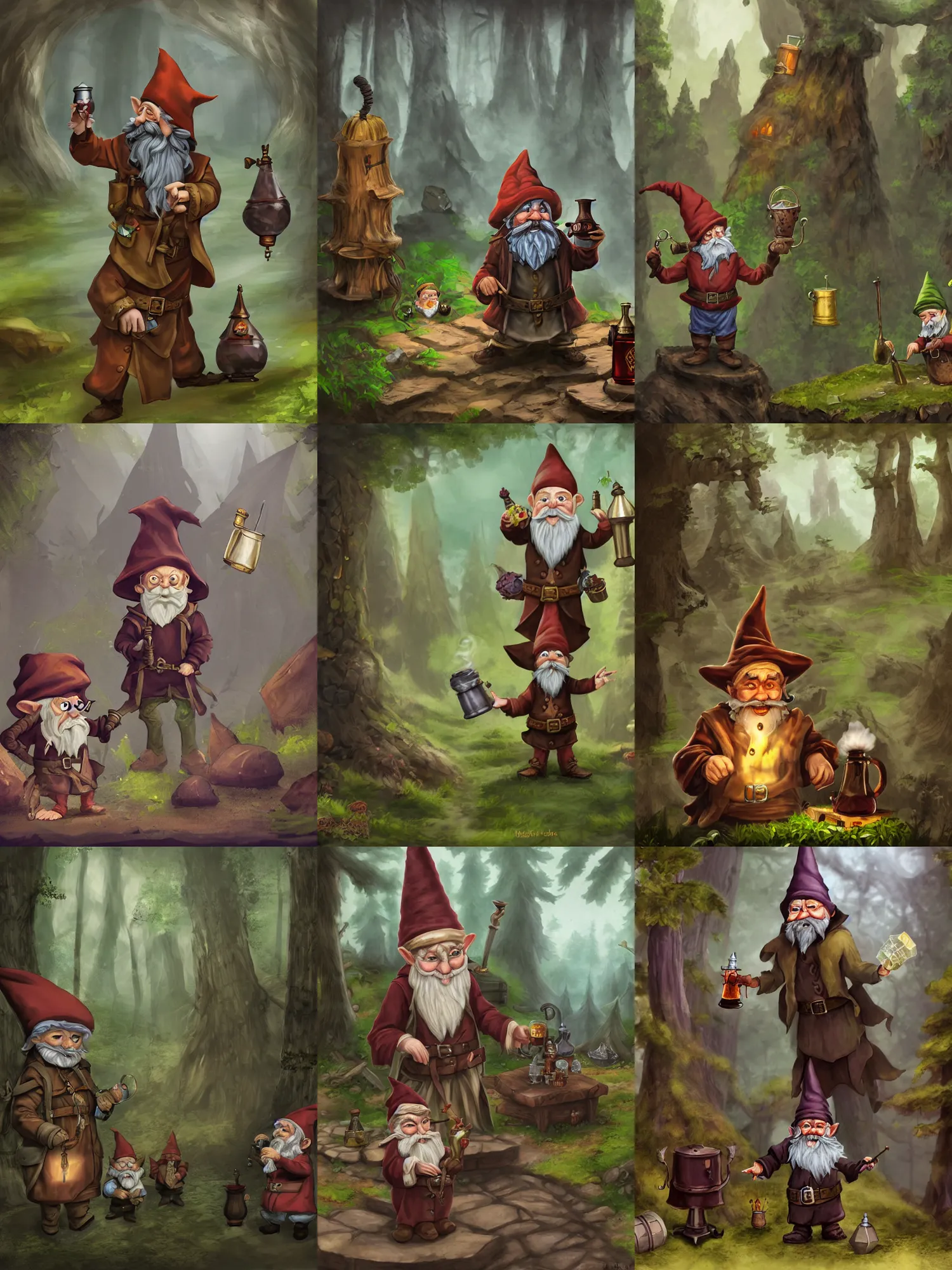 Prompt: evil alchemist gnome, brown tuffle coat, flasks in hands, giving flasks to other gnomes, dnd, forest background, matte painting, midjourney