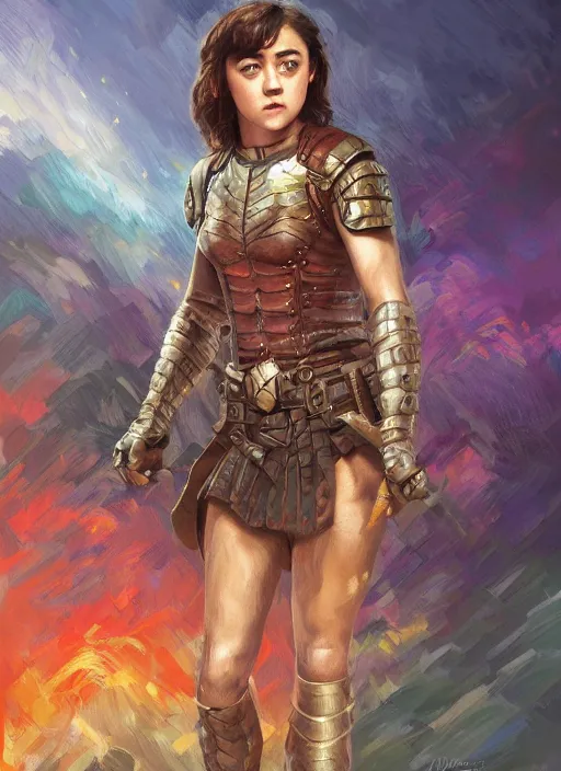 Prompt: Maisie Williams as a ruggedly muscled handsome heroine, rainbow background, intricate, elegant, highly detailed, centered, digital painting, artstation, concept art, smooth, sharp focus, illustration, artgerm, donato giancola, Joseph Christian Leyendecker, WLOP, Artgerm, thunder storm
