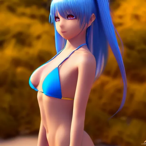 Prompt: Render of a very beautiful 3d anime girl, long sky blue hair, golden eyes, full round face, short smile, very beautiful see through azure bikini, golden hour, serene beach setting, cinematic lightning, medium shot, mid-shot, highly detailed, trending on Artstation, Unreal Engine 4k wallpaper