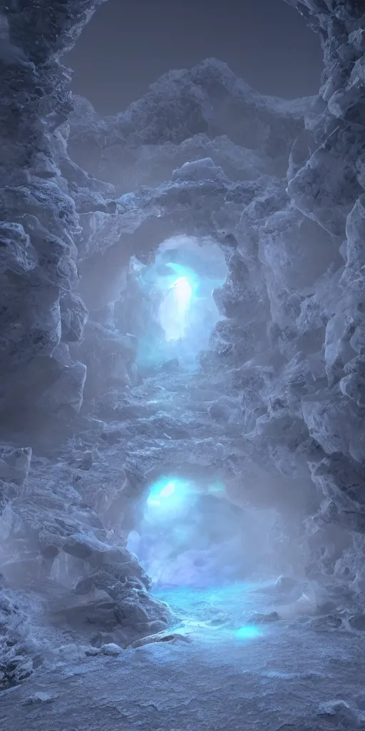 Image similar to interdimensional galaxy portal covered in frost, ice gate, volumetric light, volumetric fog, unreal engine, photorealistic, 8 k