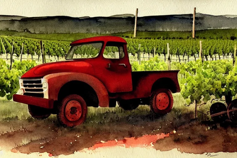 Prompt: dark cool watercolor painting of a vintage red truck in a vineyard by winslow homer