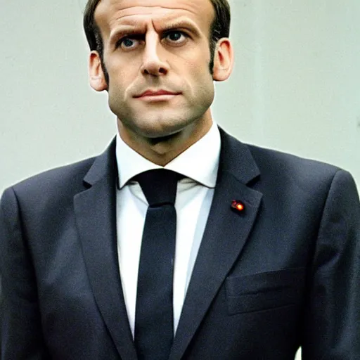 Image similar to bald and beardy Emmanuel Macron in American Psycho (1999)