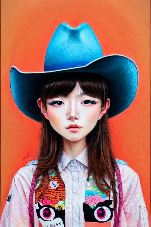 Image similar to girl wearing a cowboy hat, style of yoshii chie and hikari shimoda, highly detailed