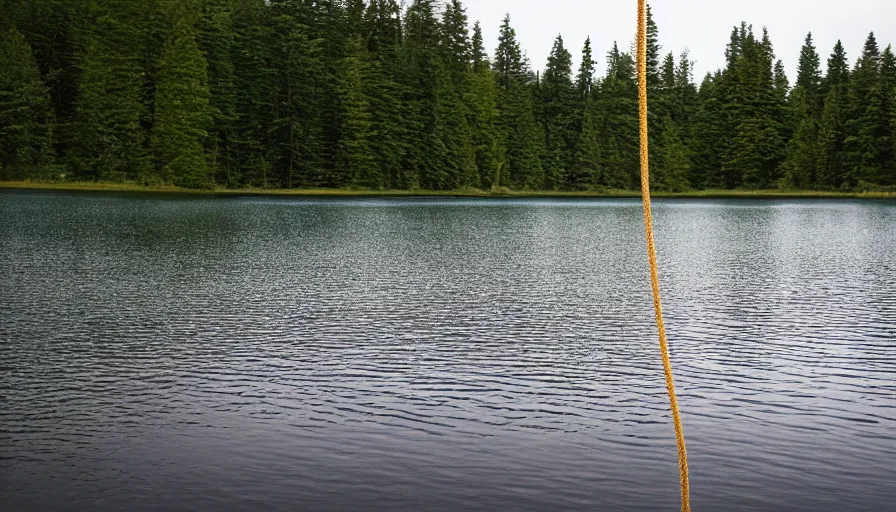 Image similar to photograph of an infinitely long rope on the surface of the water, the rope is zig zagging from the foreground towards the center of the lake, a dark lake on a cloudy day, trees in the background, moody scene, anamorphic lens, kodak color film stock