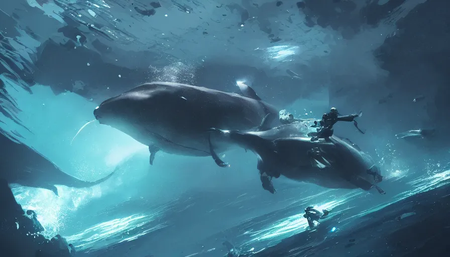 Image similar to underwater walking military mechs, glowing lights, whales, light, shadows, rippling reflections, epic composition, intricate, elegant, volumetric lighting, digital painting, highly detailed, artstation, sharp focus, illustration, concept art, ruan jia, steve mccurry