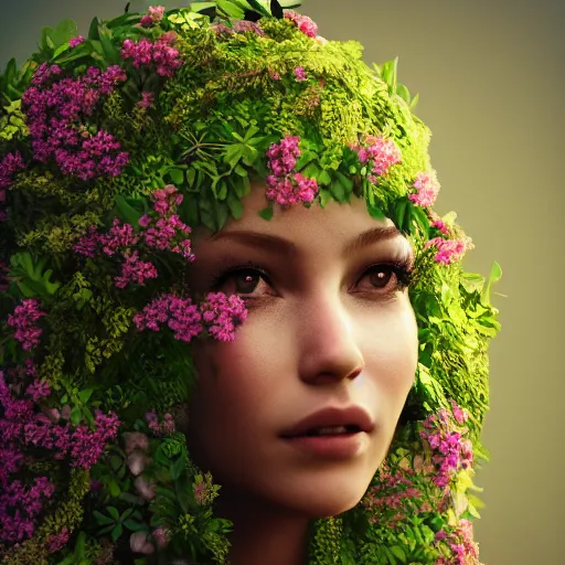 Prompt: beautiful girl in a dress made of plants, beautiful portrait, symmetrical, character concept style trending on artstation concept art detailed octane render cinematic photo - realistic 8 k high detailed