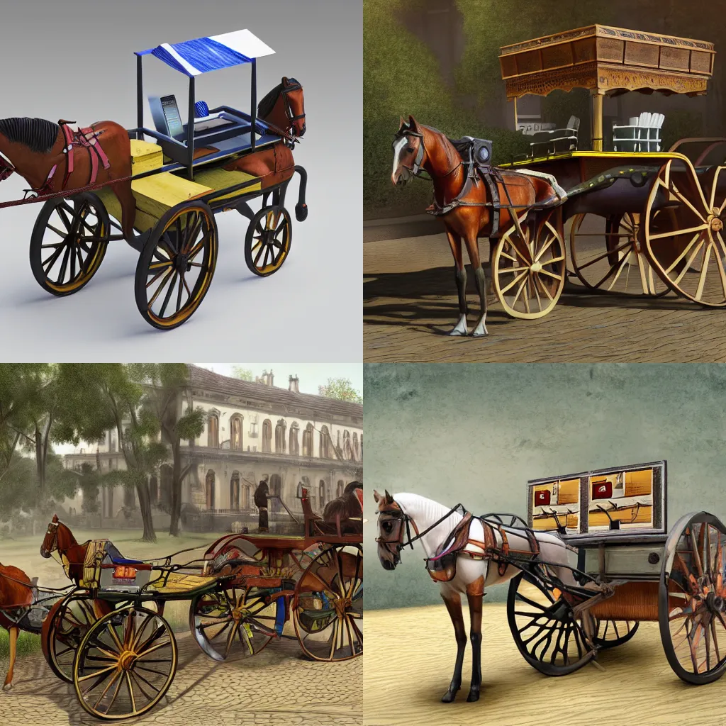 Prompt: a horse cart with computers, laptops, mobile phones, servers highly detailed, photo realistic, no crop